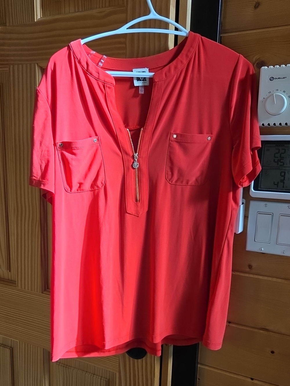Anne Klein Coral-Red Short Sleeve Zip Front Top